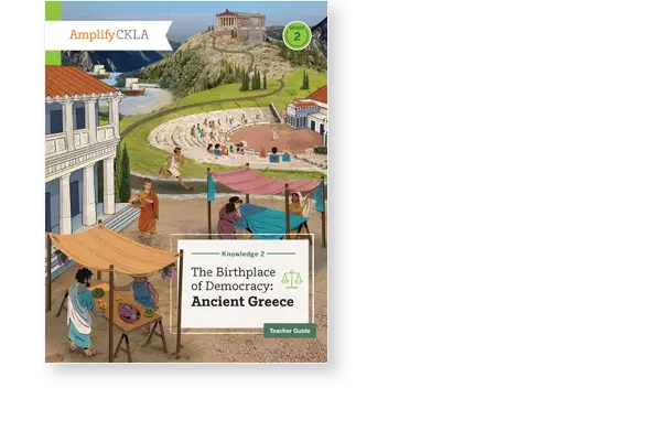 Textbook cover reads "Amplify CKLA, Knowledge 2: The Birthplace of Democracy: Ancient Greece, Teacher Guide." Illustration depicts an ancient Greek scene with a building and people in togas.