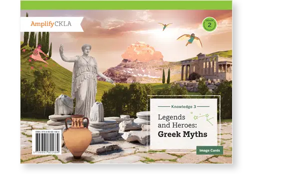 Cover of a book titled "Legends and Heroes: Greek Myths" featuring an ancient Greek statue, ruins, amphora, and flying birds against a sunset landscape. Grade 2 indicated.