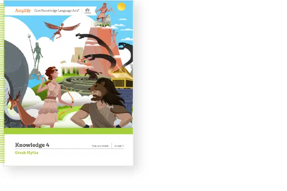 Cover of a book titled "Knowledge 4, Greek Myths," showing illustrations of mythical figures, creatures, and landscapes under a sunny sky.