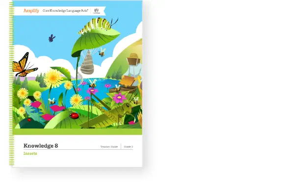 Illustrated book cover showing a garden scene with butterflies, insects, flowers, and greenery under a blue sky. Title reads "Knowledge 8: Insects" from the Core Knowledge Language Arts series.