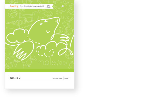 A workbook cover featuring a stylized illustration of a mole, labeled "mole" and "oe." It includes sketches of a bed, clock, and letters. Title: "Skills 2 Activity Book, Grade 2.