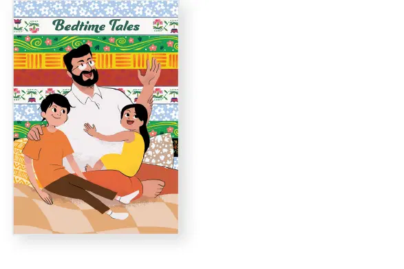 Illustrated book cover titled "Bedtime Tales" showing a man sitting on a bed with two children, one boy and one girl, leaning against him. Colorful patterns are in the background.