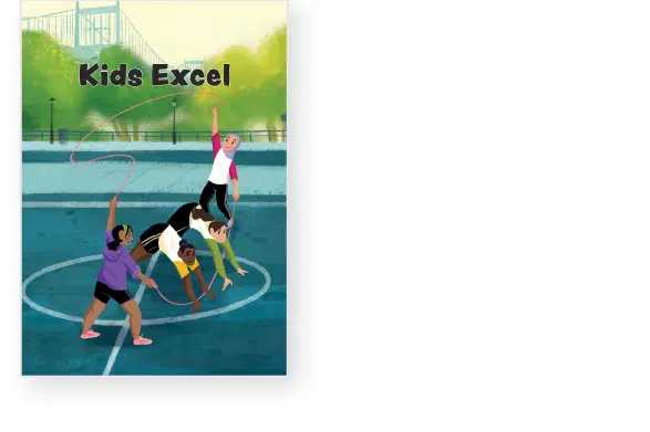Children play jump rope on a basketball court near a park. The words "Kids Excel" are on the image.