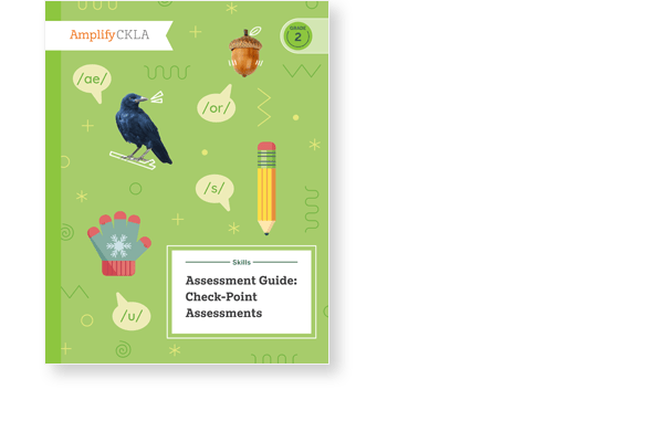 Green book cover titled "Assessment Guide: Check-Point Assessments" with images of a crow, acorn, and pencil. Grade 2 is noted in the corner.