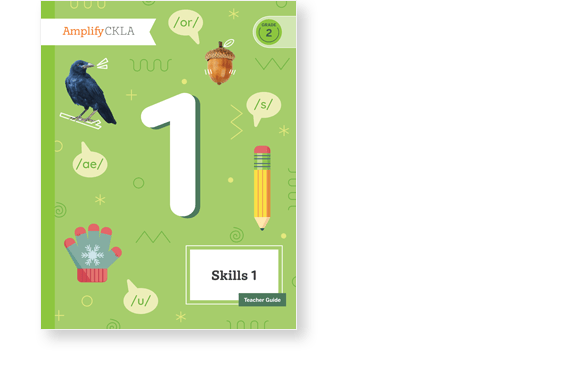 Cover of "Skills 1" teacher guide from Amplify CKLA, featuring a large number 1, a crow, acorn, pencil, and glove clipart on a green background.