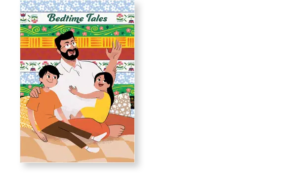 Illustration of a bearded man sitting on a bed, reading to a boy and girl. The book cover reads "Bedtime Tales" with a colorful, patterned background.