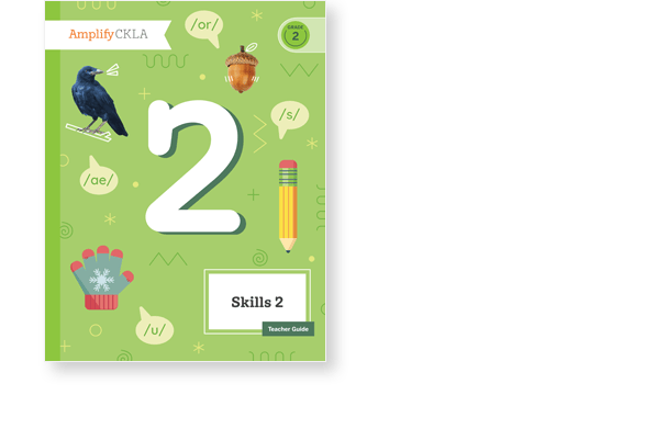Green book cover titled "Skills 2" with illustrations of a bird, acorn, pencil, mittens, and speech symbols. Includes "Amplify CKLA" and "Grade 2 - Teacher Guide" text.