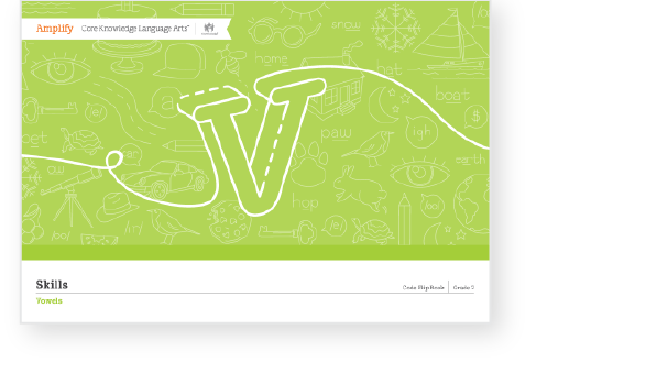 Green educational worksheet displaying a large letter "V" surrounded by various illustrations representing words starting with "V," such as a volcano and violin.
