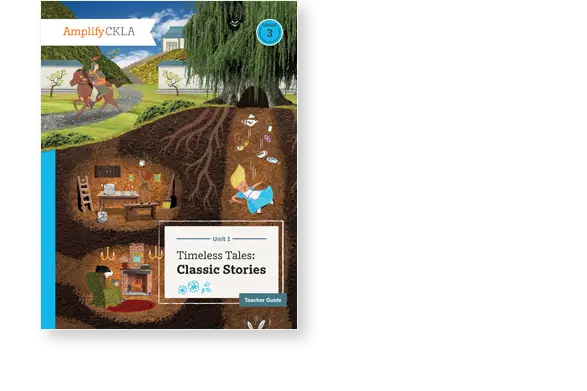 Cover of a book titled "Classics Tales: Student Edition" from Amplify, featuring a cross-section of a tree with underground rooms and a scene above of a person walking.