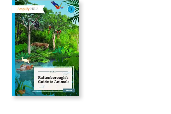 Children's book cover titled "Unit 2: Rattenborough's Guide to Animals" featuring jungle scenery with various animals, including a monkey, jaguar, parrots, and a crocodile.