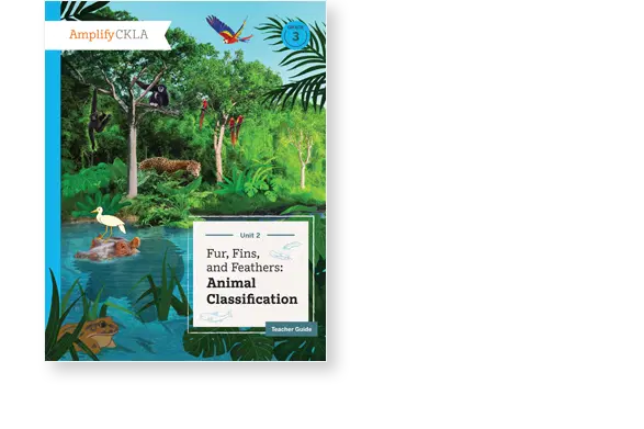 The image shows the cover of a book titled "Fur, Fins, and Feathers: Animal Classification." It features illustrations of various animals and a pond surrounded by lush greenery.