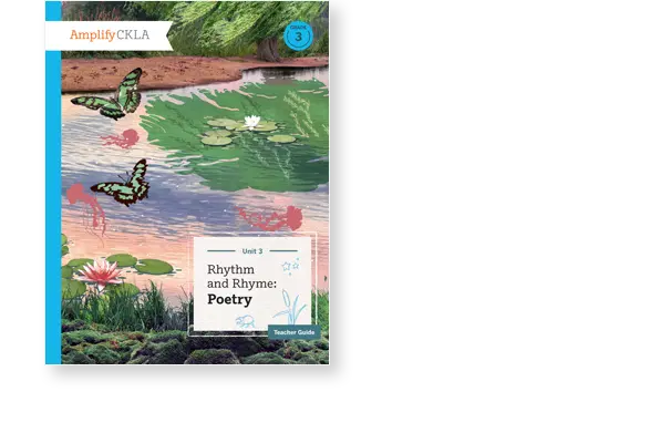 Book cover of "Amplify CKLA Teacher Guide: Rhythm and Rhyme: Poetry Unit 3" featuring butterflies, lily pads, and flowers in a pond scene.