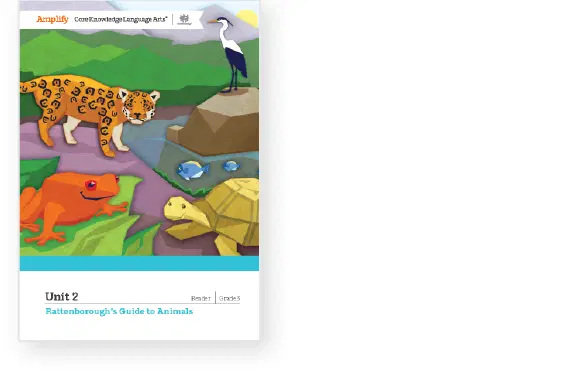 Colorful illustration of various animals including a jaguar, heron, frog, turtle, and fish in a natural setting, featured on the cover of an educational material titled "Rattenborough’s Guide to Animals.