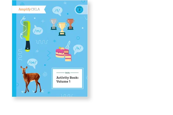 Blue book cover titled "Skills Activity Book: Volume 1" with images of a comb, trophies, cake, and a deer. It includes the Amplify CKLA logo at the top left corner.