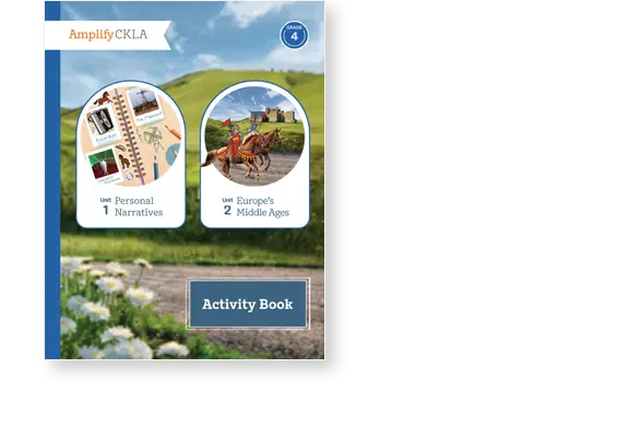 Cover of an activity book titled "Amplify CKLA," with images depicting "Personal Narratives" and "Europe's Middle Ages" against a meadow background. Grade 4 indicated at the top.