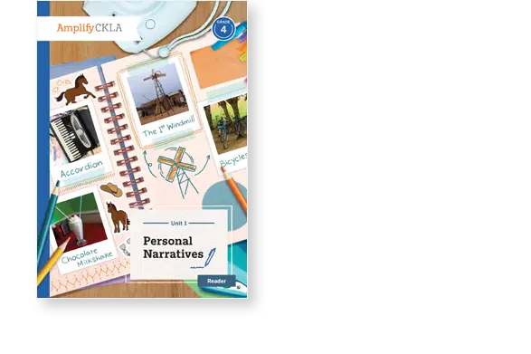Textbook cover titled "Personal Narratives" with spiral binding, featuring images of an accordion, bike, windmill, chocolate milkshake, and crayons. Angle of view shows part of a rotary phone.