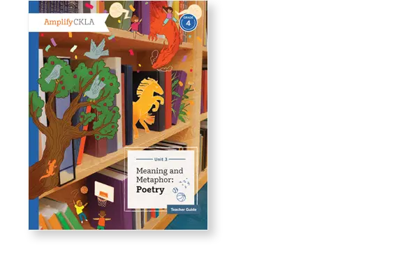 Amplify CKLA Grade 4 book cover titled "Meaning and Metaphor: Poetry" features an illustration of a bookshelf with colorful books, a tree, and mythical creatures.