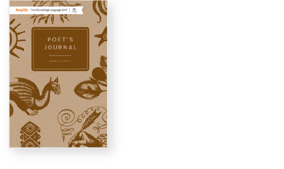 A journal cover titled "Poet's Journal" for Grade 6, Unit 2. The design includes brown illustrations of a sun, dinosaur, leaves, and other decorative elements on a tan background.