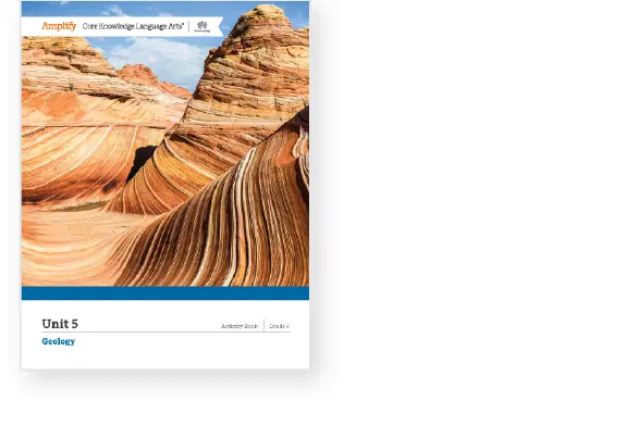 Textbook cover titled "Unit 5: Geology" featuring a photo of layered rock formations with swirling patterns and vivid colors.