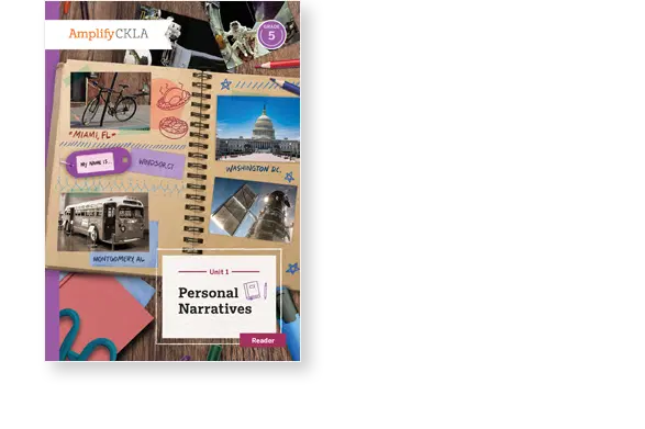 Cover of "Personal Narratives" reader for Grade 5, featuring images of a bicycle, postcards from Miami, Montgomery bus, U.S. Capitol, and a space shuttle. Colorful stationery surrounds the book.