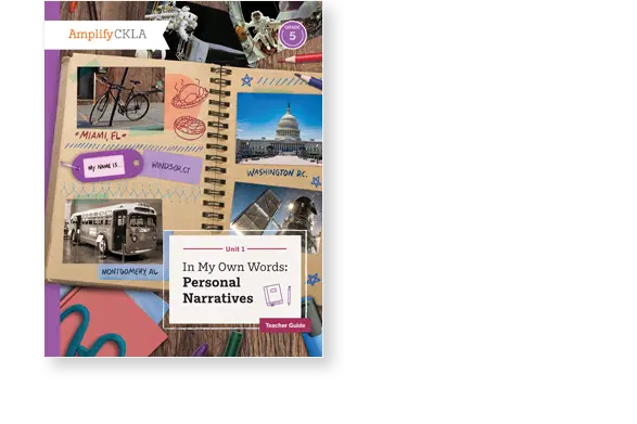 Cover of an educational book titled "In My Own Words: Personal Narratives" from Amplify CKLA. It features images of bicycles, a building in Washington D.C., and an old bus in Montgomery, AL.