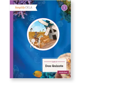 Cover of "Don Quixote" activity book, featuring a circular illustration of Don Quixote tilting at windmills, with a blue background and marine-themed border.