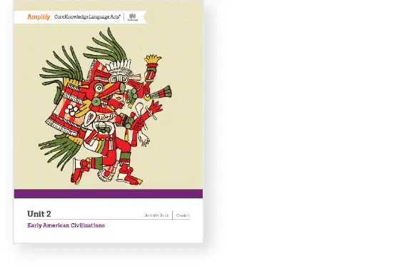 Cover of a Grade 5 activity book titled "Unit 2: Early American Civilizations" features a colorful illustration of an Aztec-style figure.