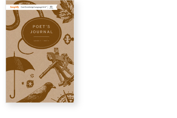 Cover of "Poet's Journal," Grade 6, Unit 5. Features illustrations of an umbrella, crow, book, key, and a telescope against a brown background. Amplify Core Knowledge Language Arts at top.