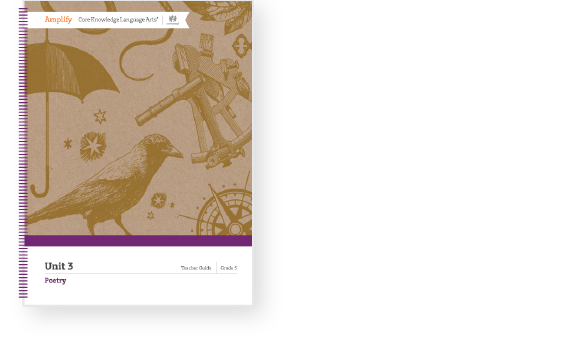 Book cover featuring illustrations of an umbrella, microscope, compass, bird, and stars. Label indicates Unit 3 on poetry for 5th-grade language arts.