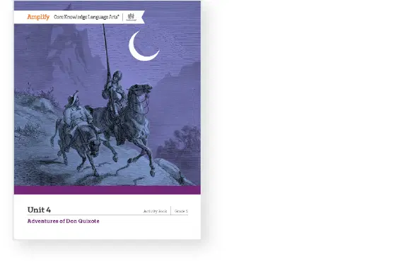 Cover illustration of "Adventures of Don Quixote" from Unit 4, featuring Don Quixote on horseback with a spear, under a crescent moon, in a vintage purple-toned style.
