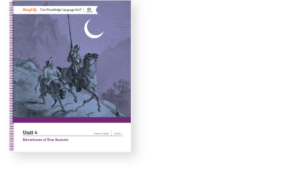 Cover of a workbook titled "Adventures of Don Quixote," featuring an illustration of Don Quixote and Sancho Panza on horseback under a crescent moon.