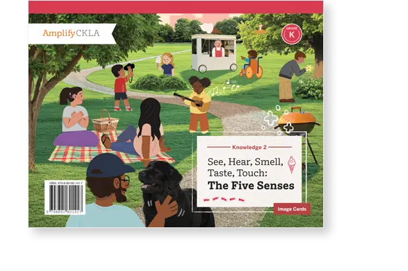 A diverse group of people enjoying a park, with children playing, a person playing guitar, others cooking on a barbecue, and a person petting a dog. A small ice cream stand is nearby.