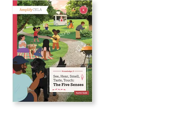 Children and adults engaging in various outdoor activities, such as playing instruments and picnicking, in a park; cover of "See, Hear, Smell, Taste, Touch: The Five Senses" teacher guide.