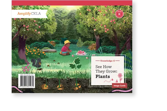 Children's book cover: a child in a hat tends a garden with trees, flowers, and a squirrel. Text reads "See How They Grow: Plants" for Grade K.