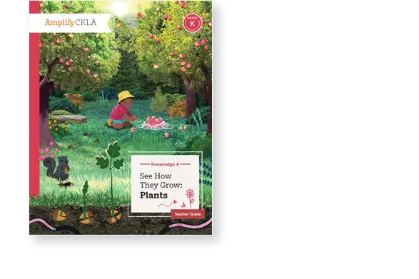 Book cover depicting a child sitting in a garden with trees and plants, picking flowers. The title reads "See How They Grow: Plants.