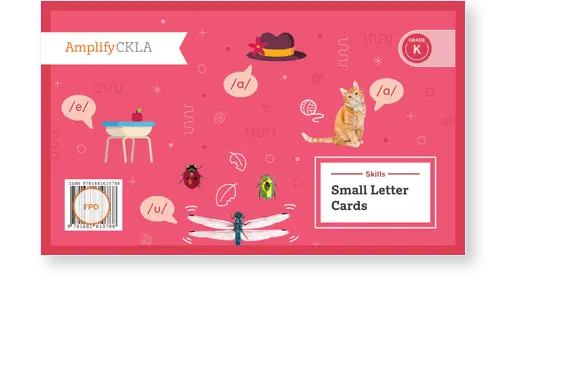 Red educational card cover with "Small Letter Cards" for Grade K. Features illustrations of a cat, insects, table with an apple, and a hat. Speech bubbles showing phonetic sounds.