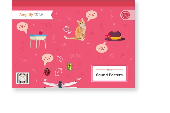 Red educational poster with phonetic symbols. Includes illustrations of a cat, a table with an apple, and insects. Labeled "Amplify CKLA" and "Grade K" with "Skills Sound Posters" at the bottom.