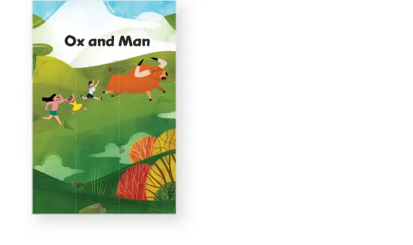 Book cover titled "Ox and Man" shows people running with an ox on a green hillside.