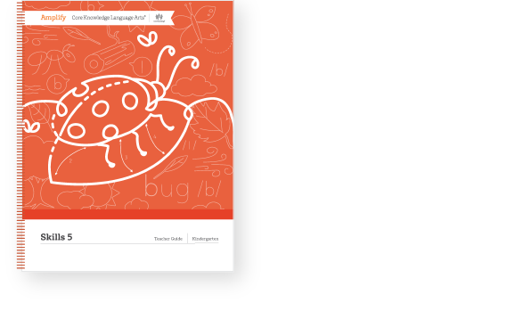 An orange workbook cover featuring a ladybug illustration, part of "Amplify Core Knowledge Language Arts." The text "Skills 5" is shown at the bottom.