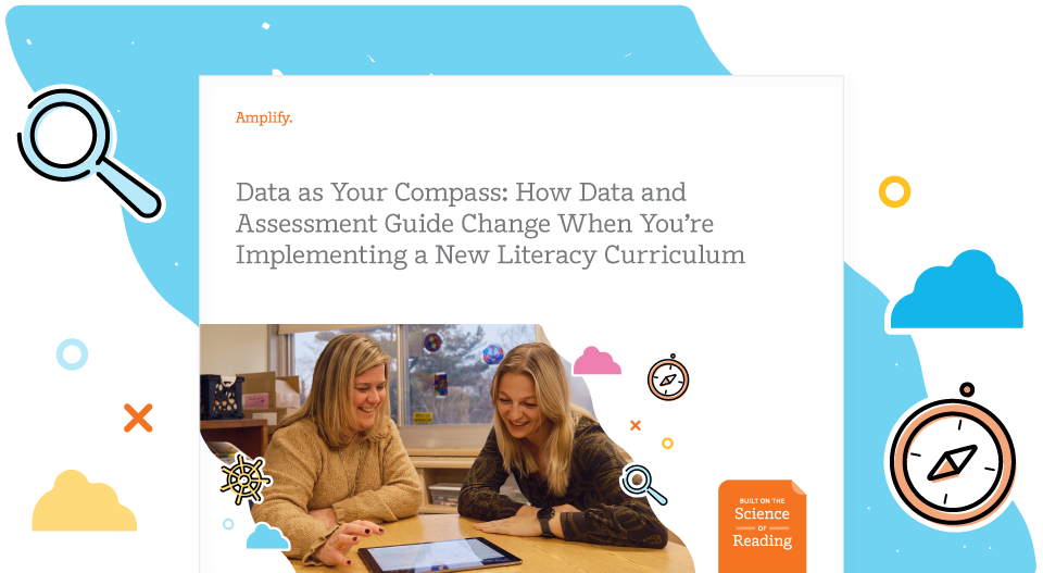 Two people looking at a tablet screen, surrounded by educational-themed icons and text about data guiding curriculum implementation.