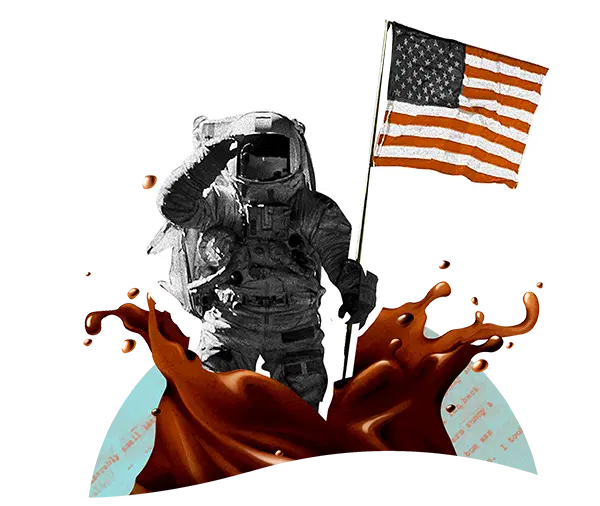 Astronaut in a space suit salutes while holding an American flag, standing amidst what appears to be splashes of liquid.