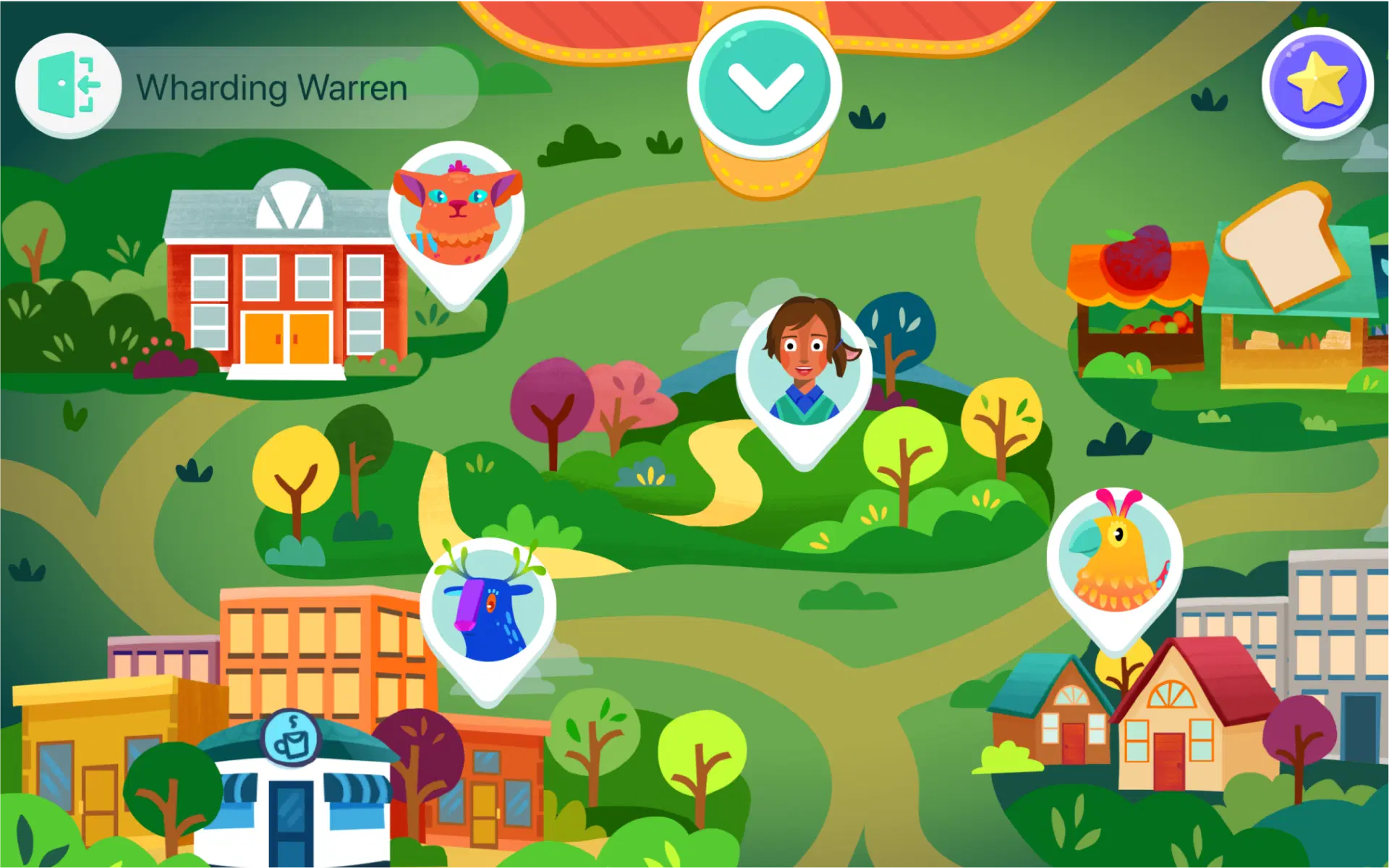 A colorful illustrated map shows various buildings and characters marked with pins, including a school, houses, and cartoon animals. The location is labeled "Wharding Warren.