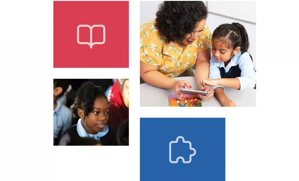 A teacher helps a young student with a tablet; below, a girl listens attentively. Icons of a book and a puzzle piece appear on colored backgrounds.