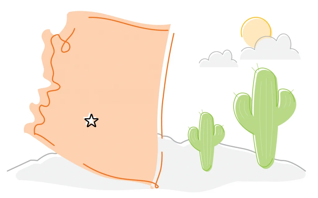 Simple illustration of Arizona with a star marking a location, two green cacti, sun, and clouds in the background.