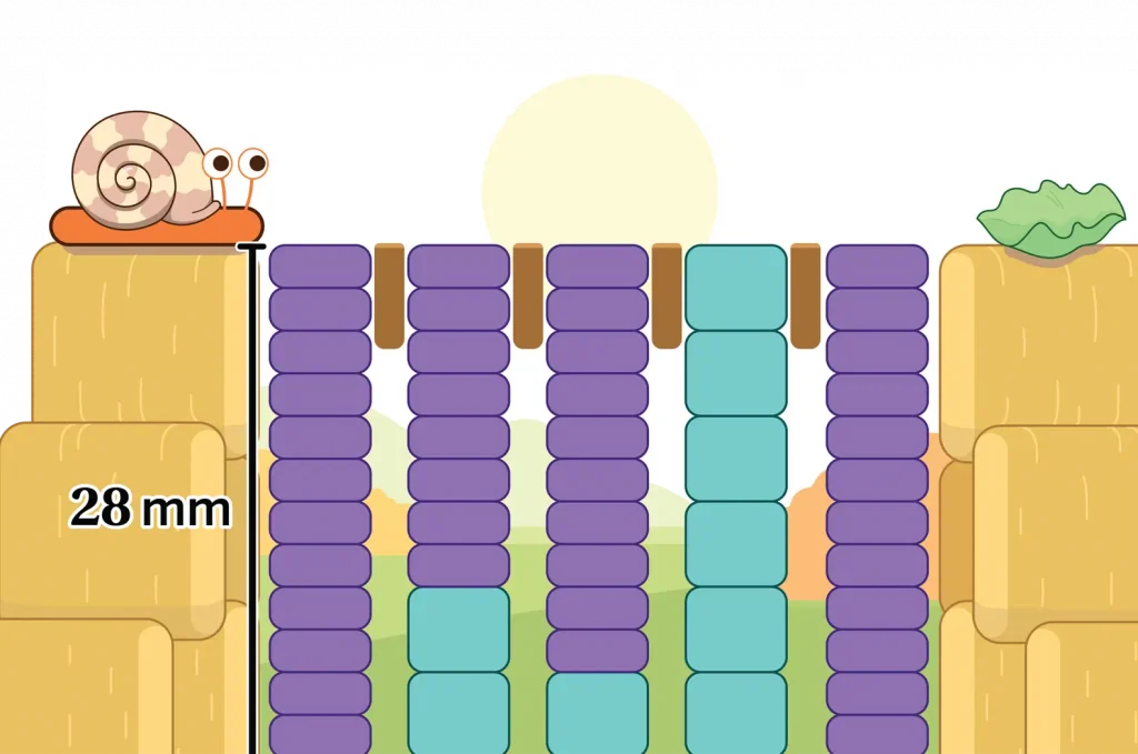 A snail is on a hay bale ledge next to a vertical line labeled 28 mm, overlooking stacked purple and teal blocks spanning a gap, with a cabbage on the opposite ledge.