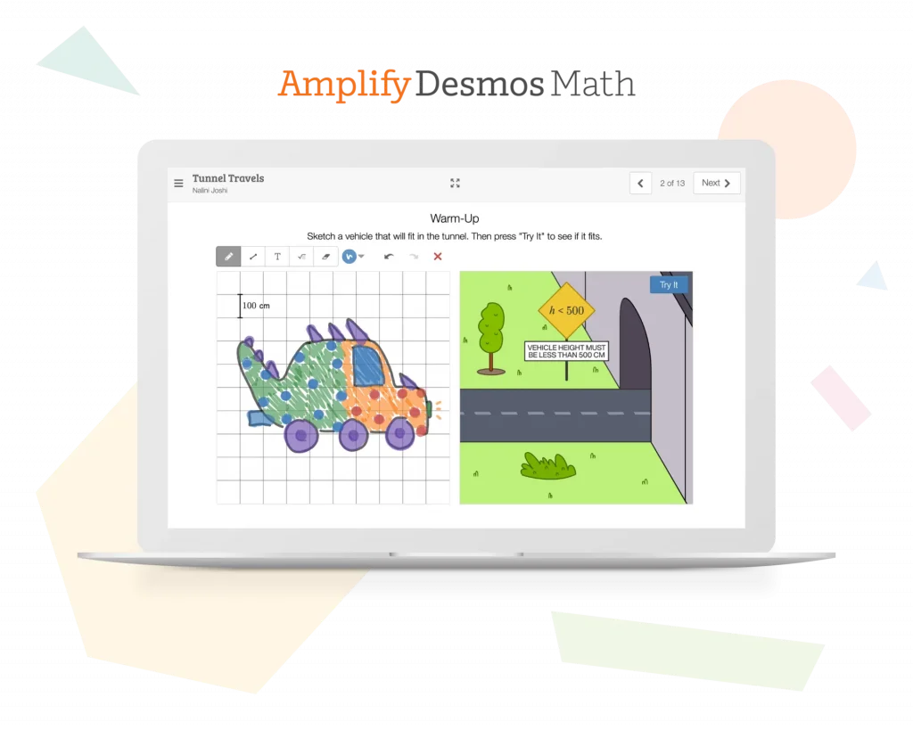 A laptop displays a math activity showing a dinosaur-shaped car on a grid and a tunnel with a height restriction sign and a tree.
