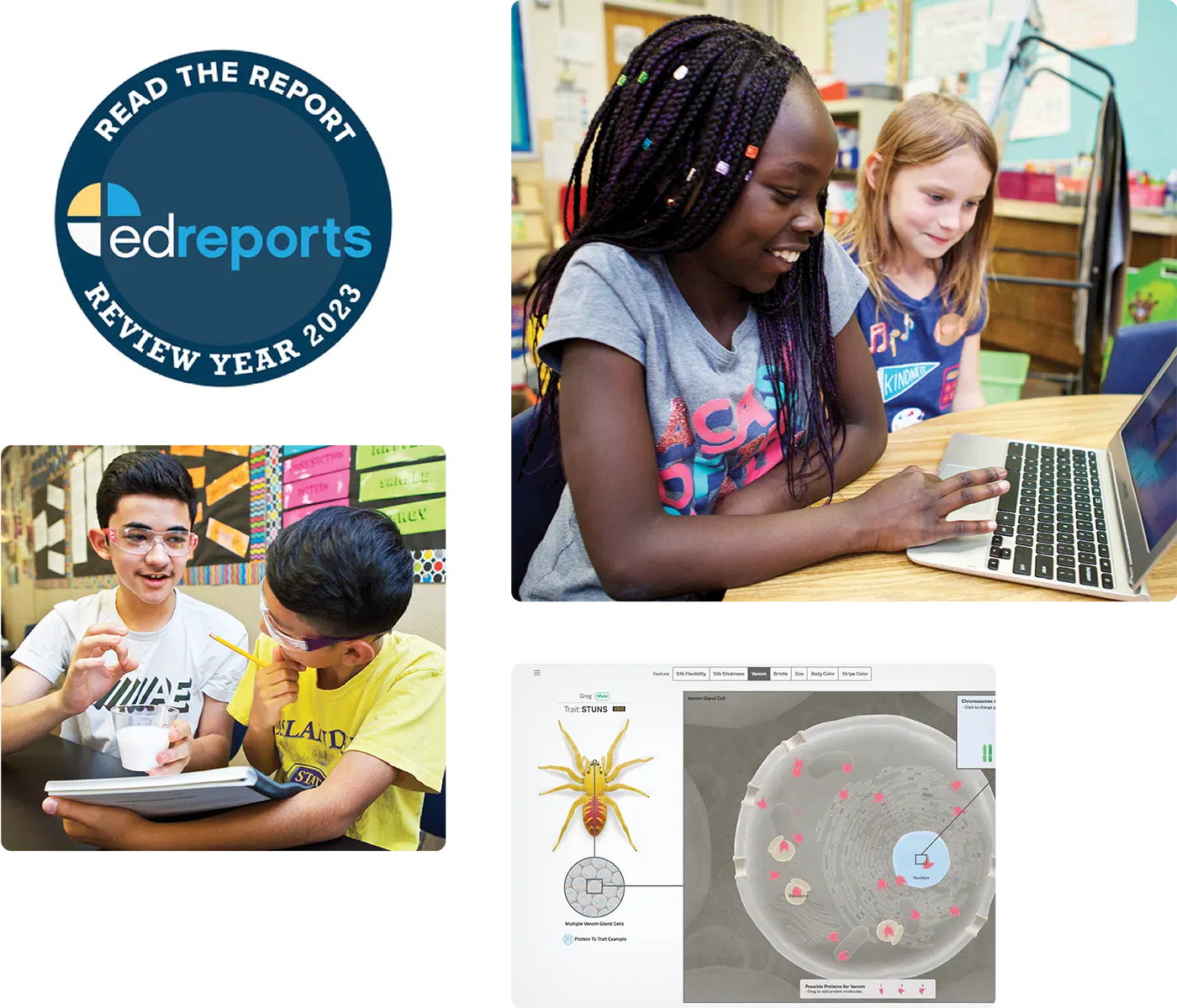 A badge for EdReports Review Year 2023, two students at a computer, two students discussing with a tablet, and an educational diagram of a spider on a screen.