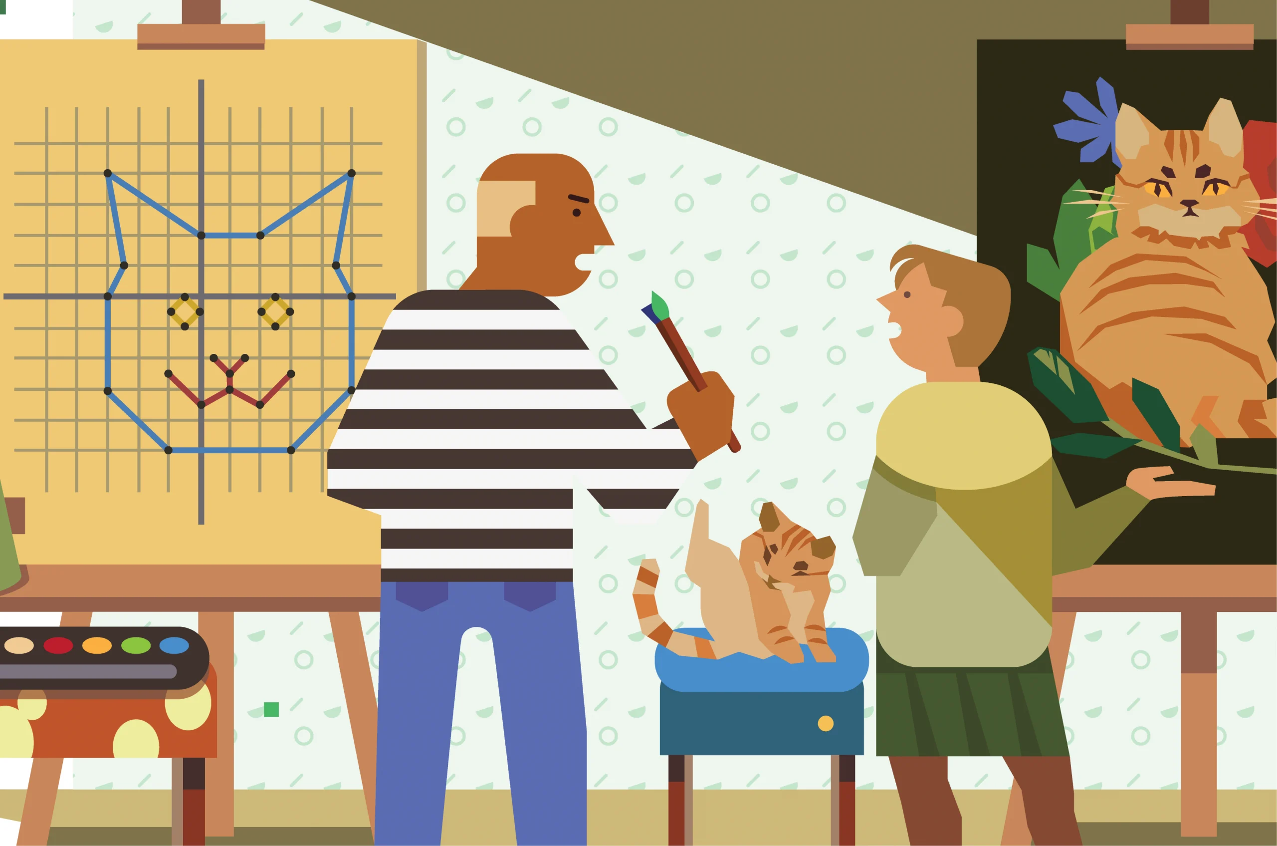 Two people discuss cat-themed artwork in a studio; one points at a geometric cat drawing, the other holds a cat while standing near a realistic cat portrait.