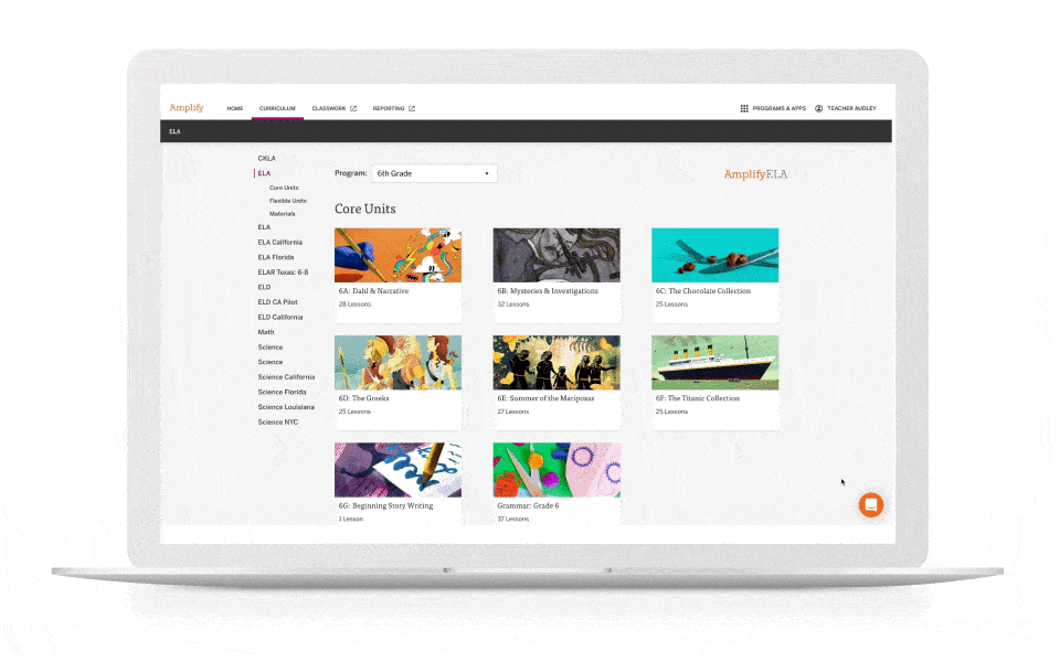 A laptop screen displays a curriculum dashboard with a list of core units and colorful thumbnails for a sixth-grade ELA program.