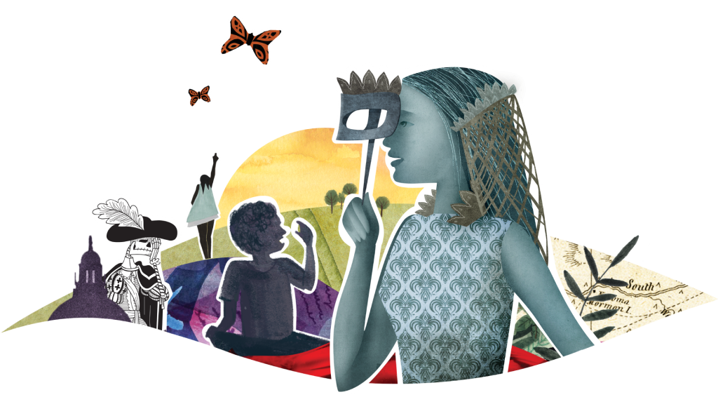 A collage features a blue-toned figure holding a mask, silhouettes of people, butterflies, and abstract shapes against a colorful background—evoking scenes from an American classroom helping struggling readers learn by teaching phonemes.